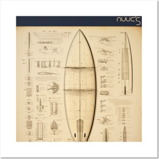 Graphic design of a surfboard technical diagram Posters and Art